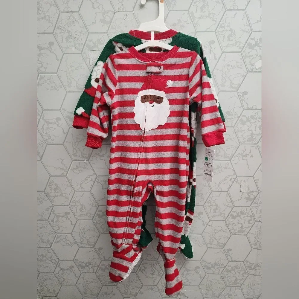 New boy's fleece Christmas Santa footed pajama bundle, 2pc